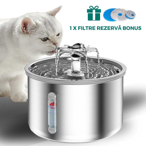 Fântână Automată Sellsa din Inox pentru Pisici și Câini ce elimina bacteriile si microbii ce pot cauza boli, 2L| Bonus: Set Filtre Suplimentare